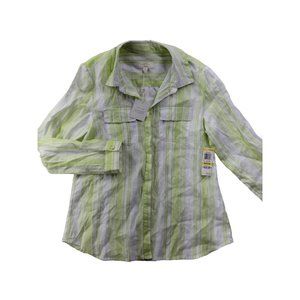 NEW Charter Club Luxury Women M Celery White Stripe Linen Button Down Shirt